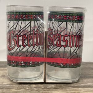 Vtg Christmas Season’s Greetings Glass Tumblers Set of 2 Holiday Drinkware NOS